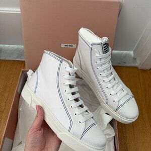 NWT Miu Miu High Top Sneakers White Canvas Blue Stitch Lace Up